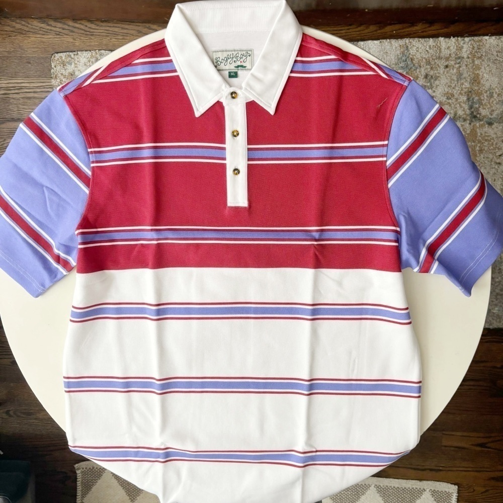 Bogey Boys by Macklemore Men’s Striped Polo Size XL New Red White Purple